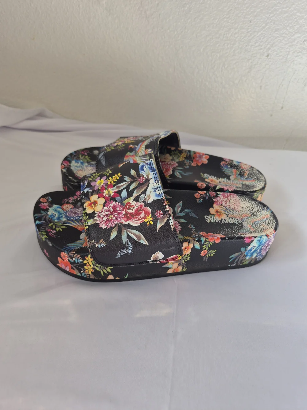 Johnny Was Floral Bird Print Black Slide Sandals 8 - Picture 5 of 8